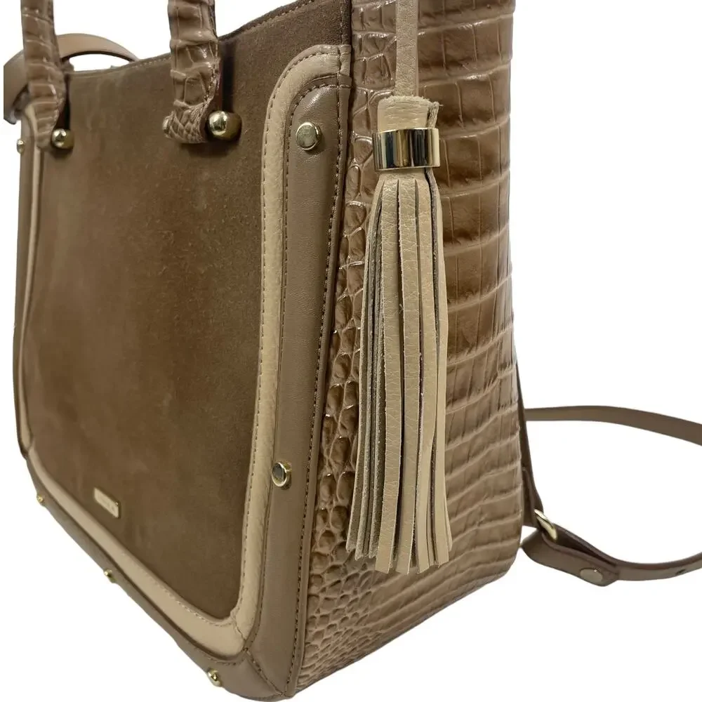 Brahmin Small Lena Satchel Bag Travertine Brevik Croc Embossed Suede Tan